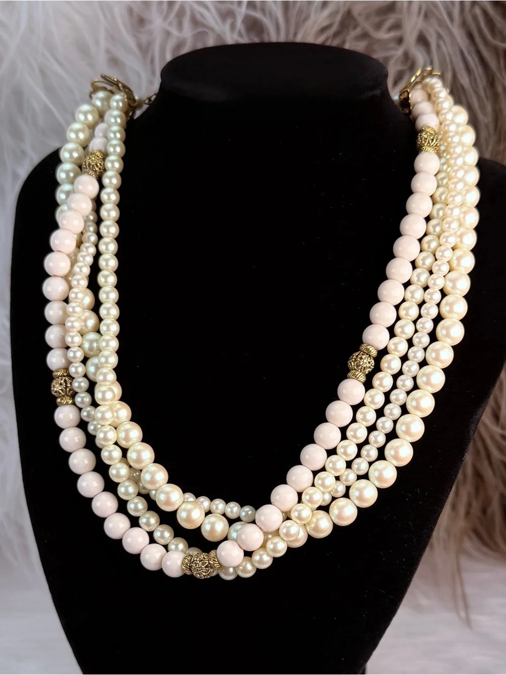 1928 Multi Strand Cream Blush Bead Gold Tone Statement Necklace Vintage